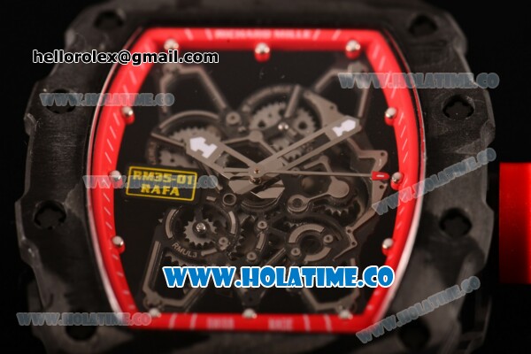 Richard Mille RM35-01 Bubba Watson Tourbillon Manual Winding Carbon Fiber Case with Skeleton Dial and White Dot Markers - Red Inner Bezel - Click Image to Close